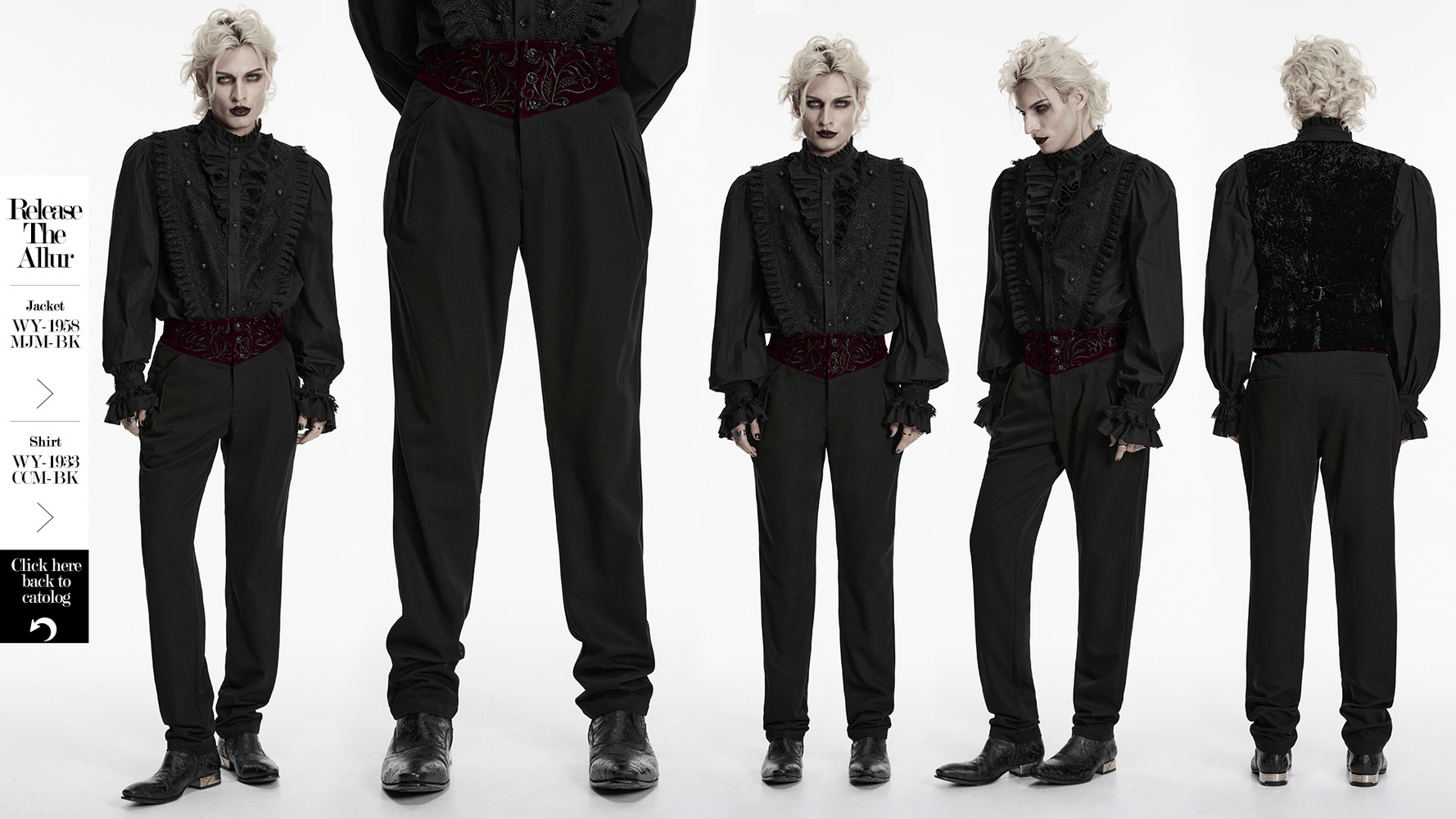 Male Black Gothic Trousers with Embroidered Velvet Waist displayed on a model showcasing the unique design and style.