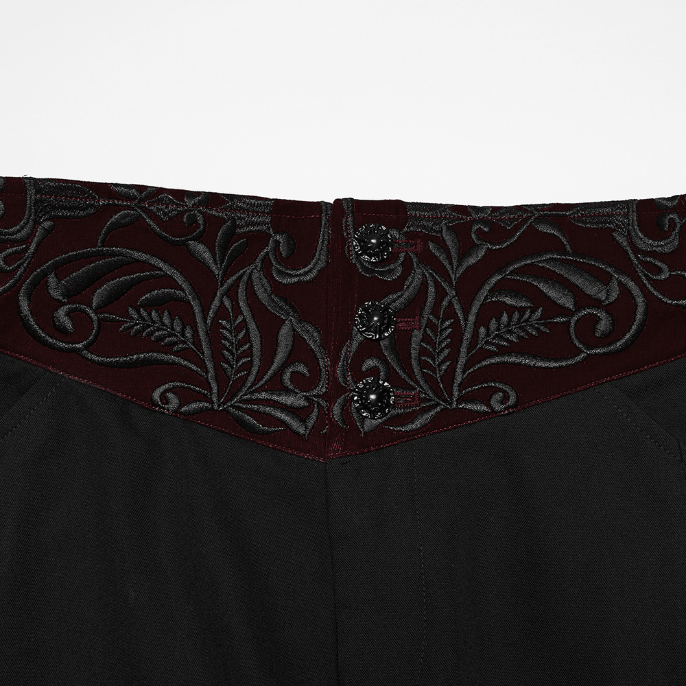 Male Black Gothic Trousers with Embroidered Velvet Waist close-up of the ornate velvet waistband and embroidery detailing.