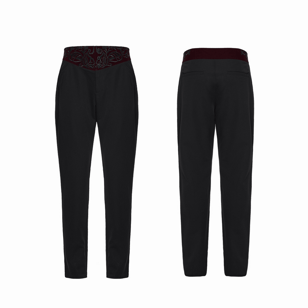 Male Black Gothic Trousers with Embroidered Velvet Waist showcasing detailed 3D plant embroidery.