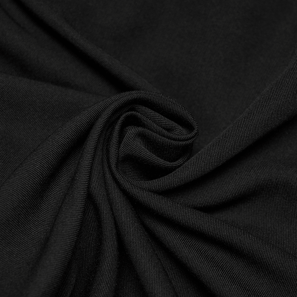 Male Black Gothic Trousers with Embroidered Velvet Waist fabric close-up, showcasing smooth black texture and quality.