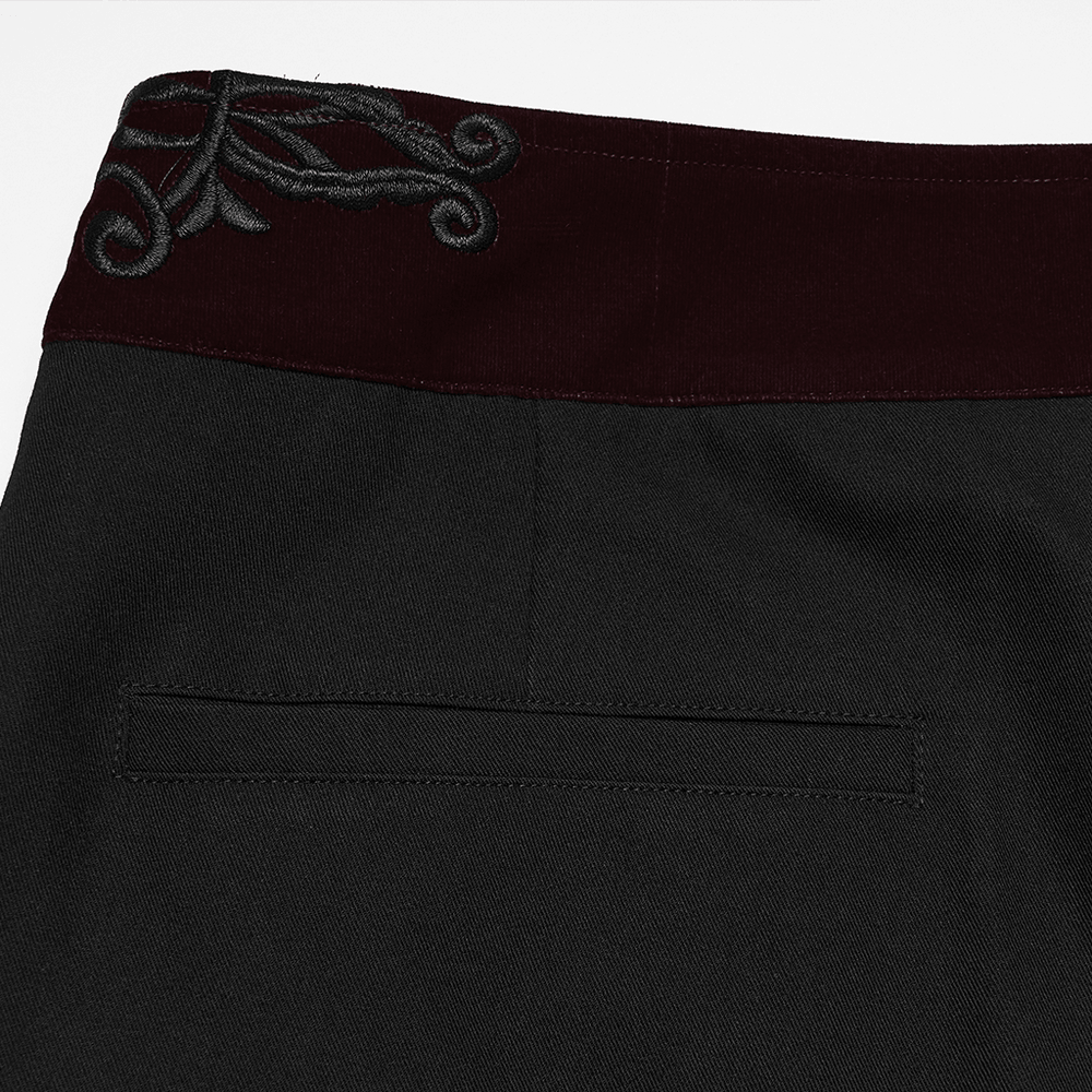Male Black Gothic Trousers with Embroidered Velvet Waist showcasing ornate velvet waistband and 3D plant embroidery.