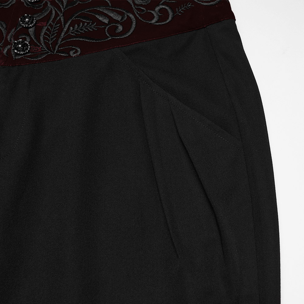 Male Black Gothic Trousers with Embroidered Velvet Waist featuring intricate 3D plant embroidery and a velvet waistband.