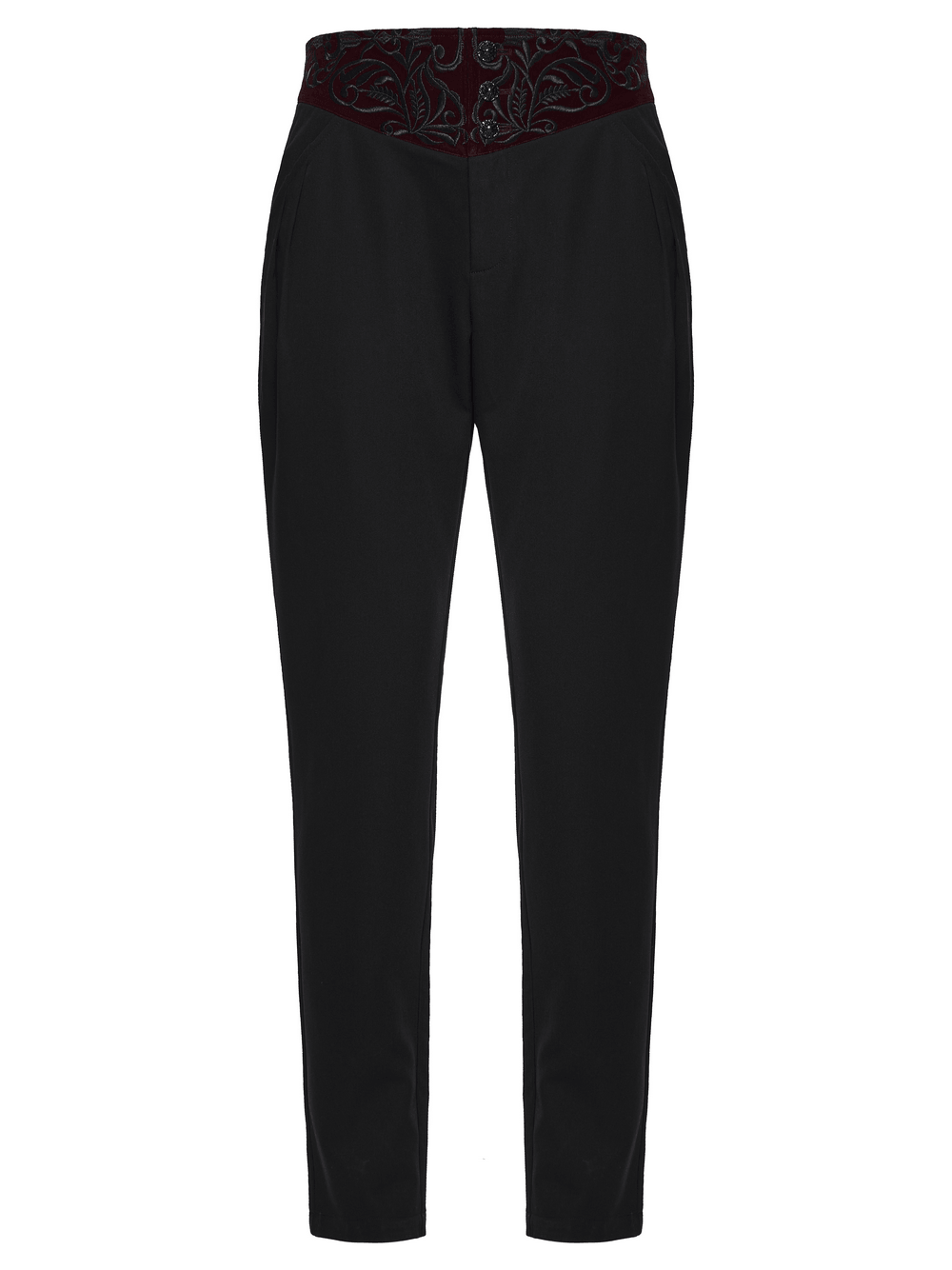 Male Black Gothic Trousers with Embroidered Velvet Waist featuring 3D plant embroidery and a stylish velvet waistband.