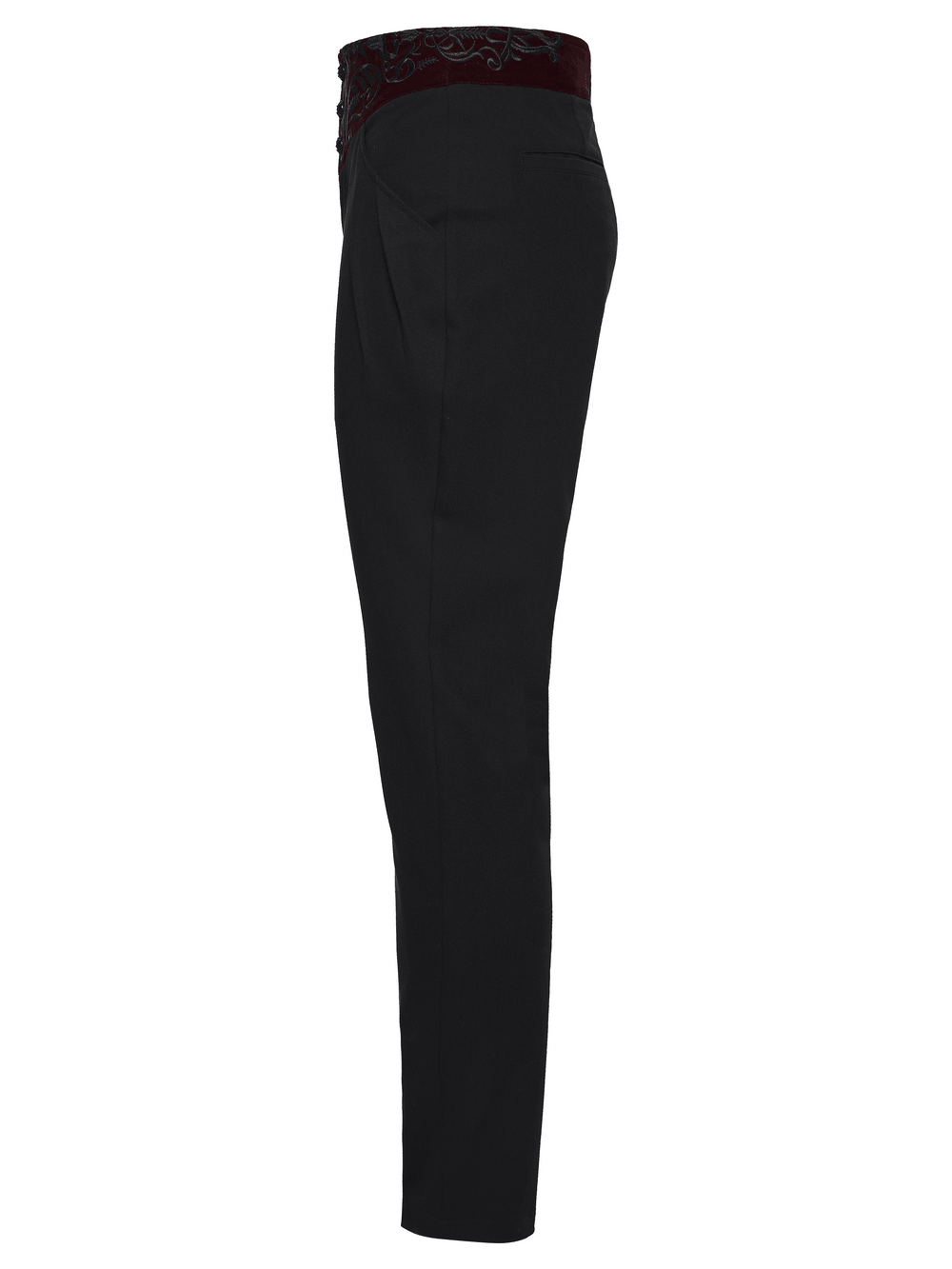 Male Black Gothic Trousers with Embroidered Velvet Waist side view showcasing velvet waistband and 3D embroidery details.
