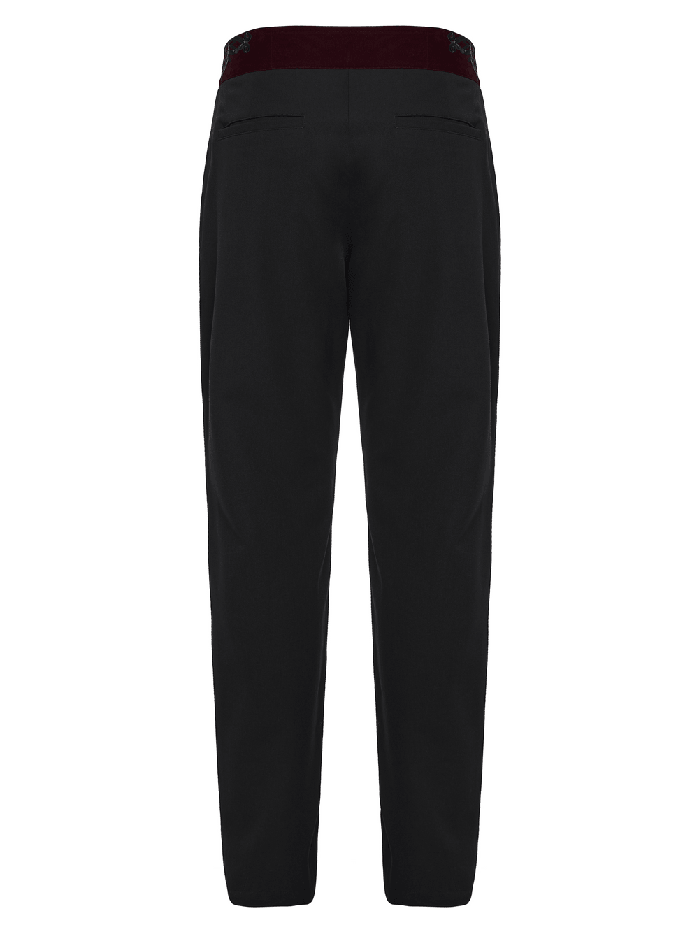 Male Black Gothic Trousers with Embroidered Velvet Waist - back view showcasing elegant velvet waistband.