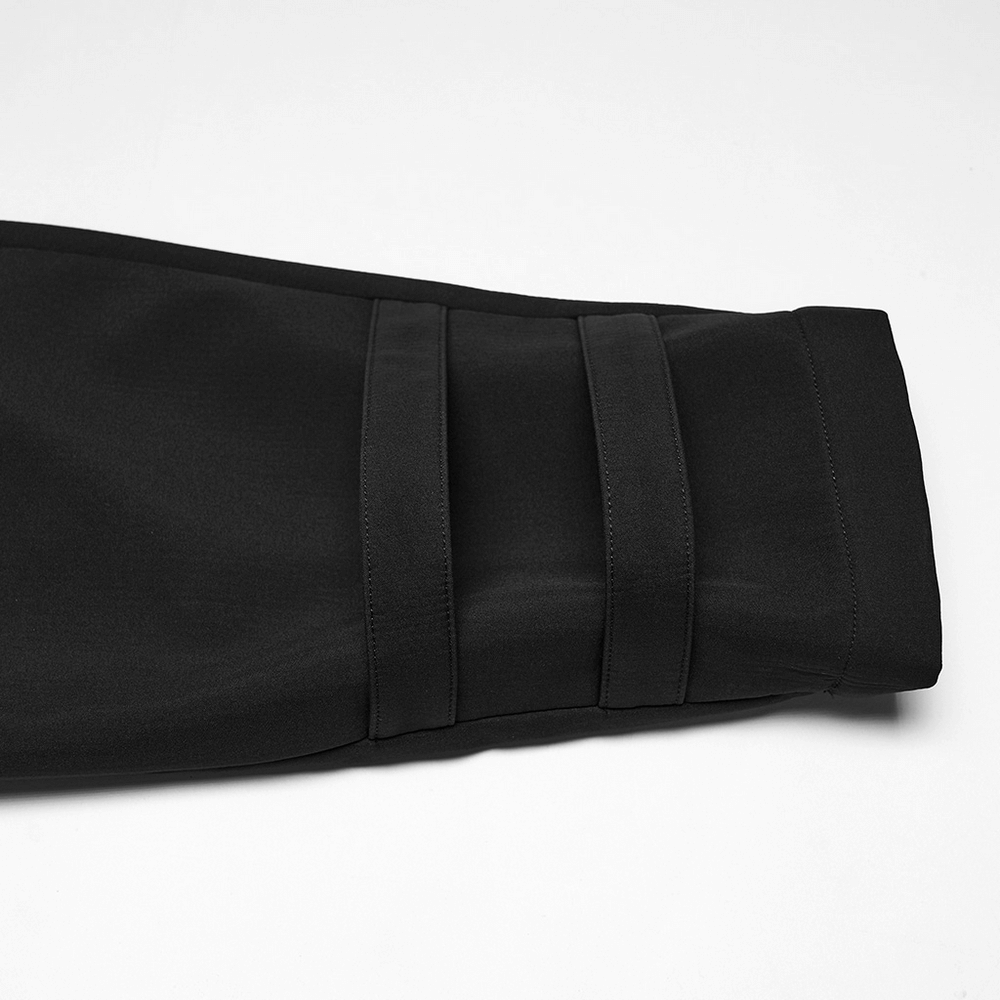 Close-up of the sleeve of a Male Black Hooded Techwear Jacket with Metal Accents showcasing its sleek design.