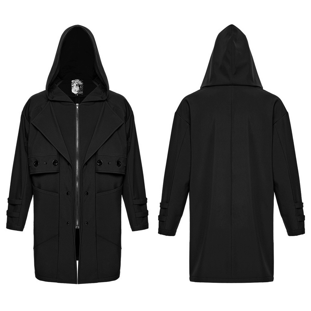 Male Black Hooded Techwear Jacket with Metal Accents showcasing front and back views.