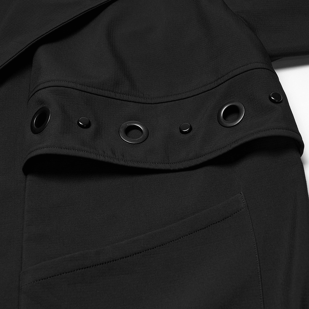 Detail of Male Black Hooded Techwear Jacket with Metal Accents showcasing stylish grommet design.