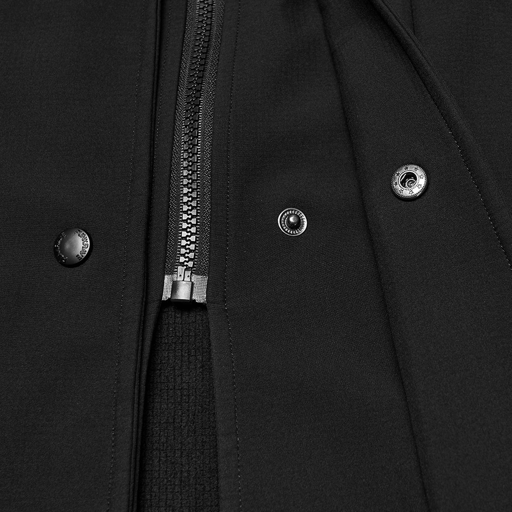 Male Black Hooded Techwear Jacket with Metal Accents showcasing zipper and button details.