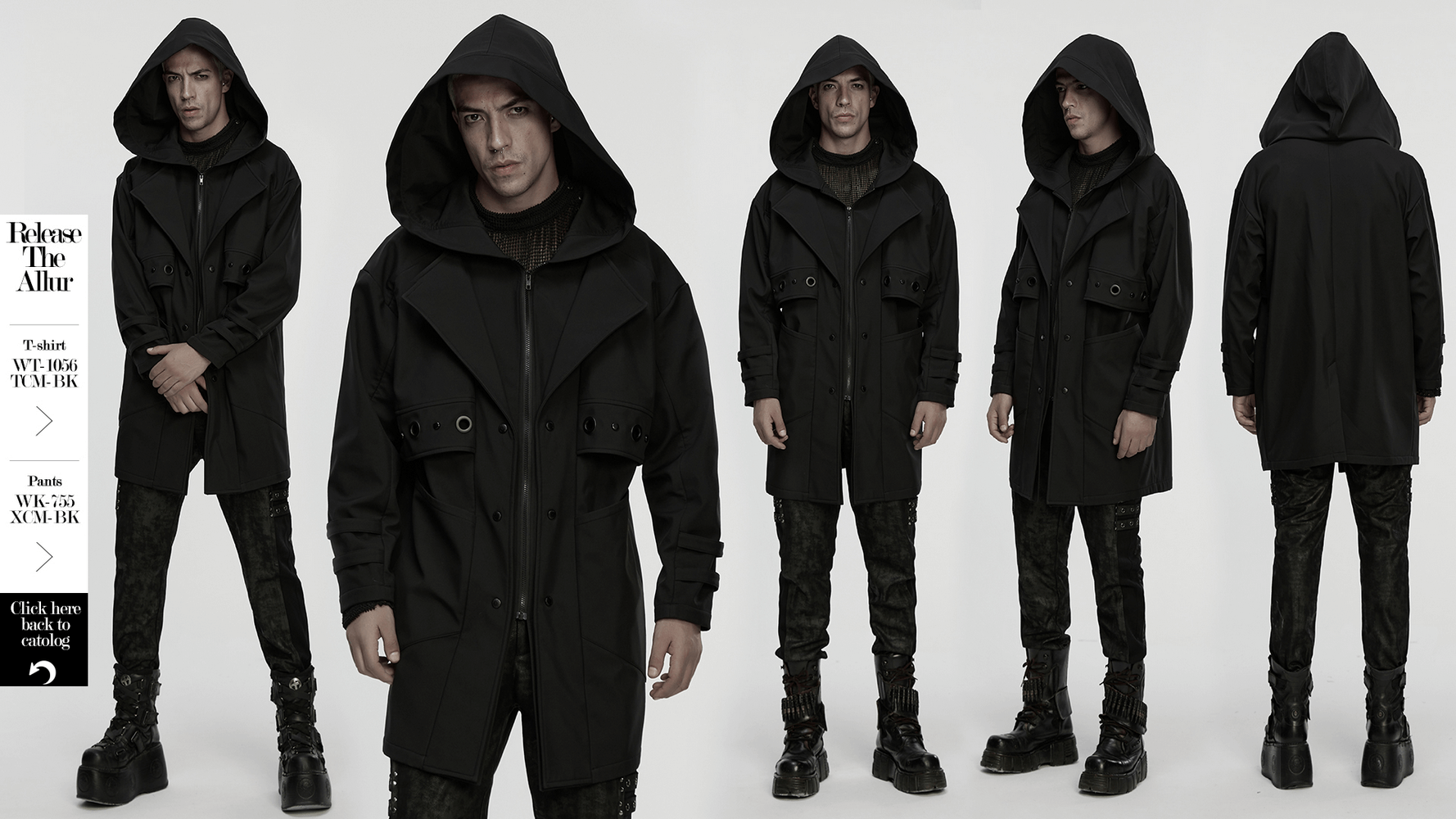 Male Black Hooded Techwear Jacket with Metal Accents showcased in stylish poses against a minimalist background.