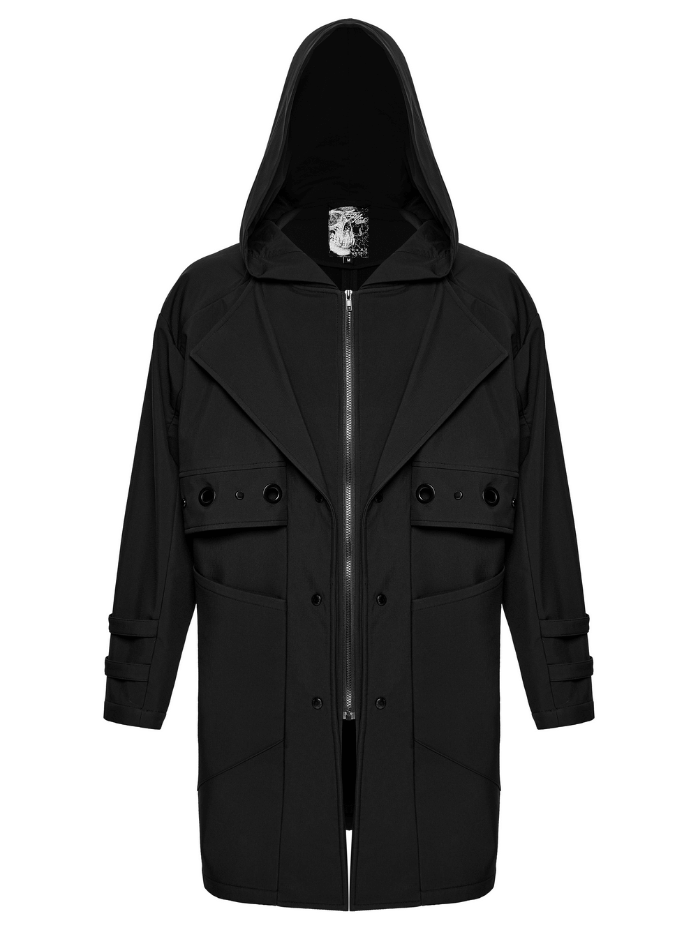 Male Black Hooded Techwear Jacket with Metal Accents displayed on a plain background.