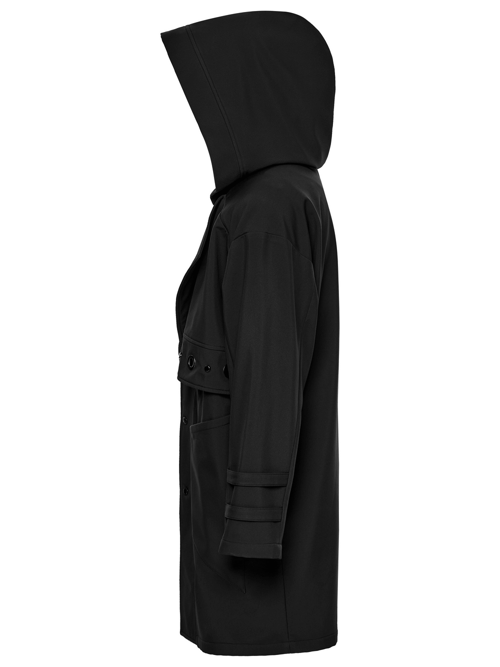 Male Black Hooded Techwear Jacket with Metal Accents side view showcasing sleek design and modern style.