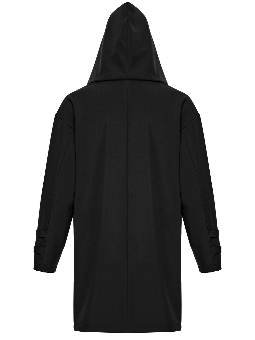 Male Black Hooded Techwear Jacket with Metal Accents, back view showing sleek design and modern style.