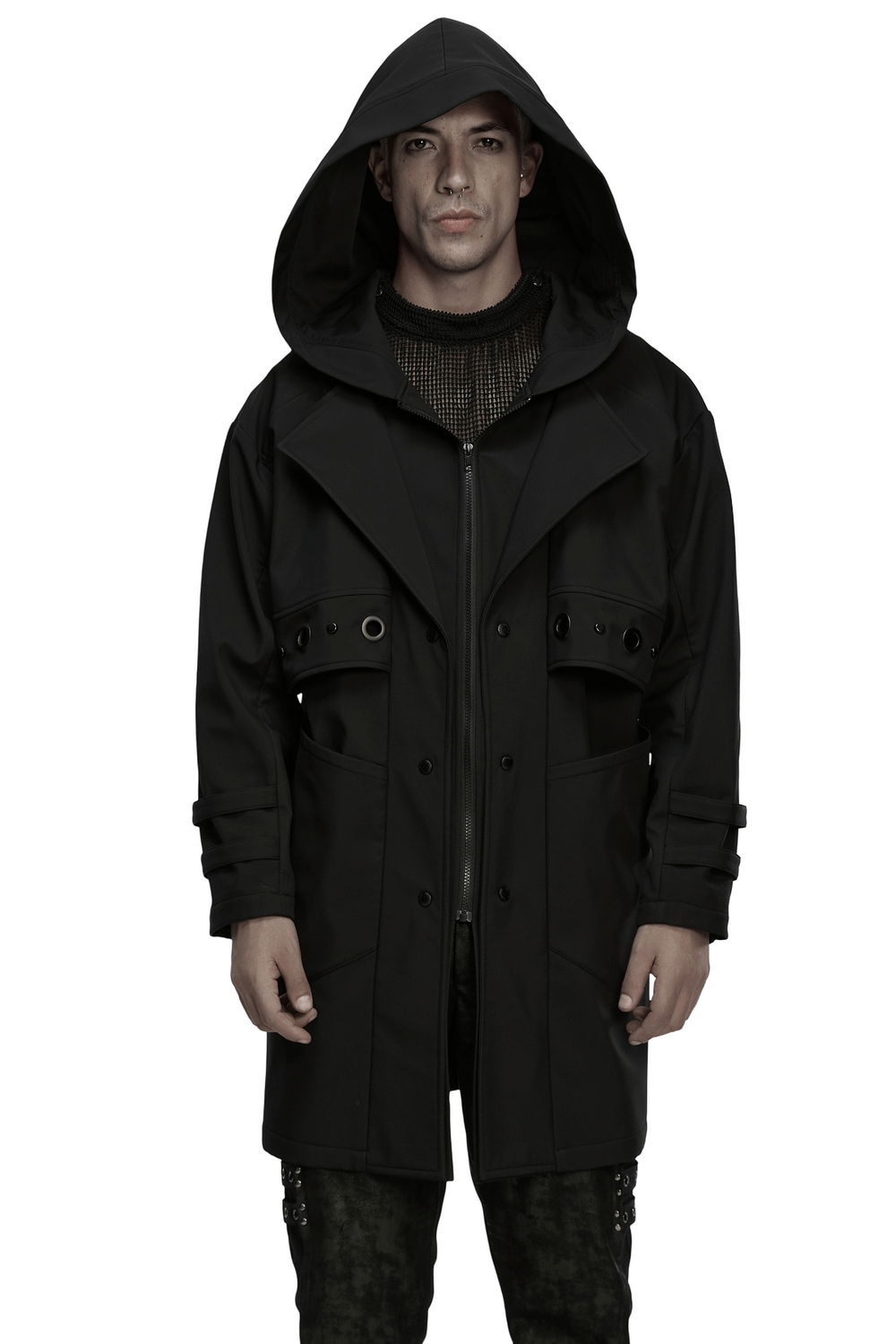 Male Black Hooded Techwear Jacket with Metal Accents modeled by a man with a serious expression.