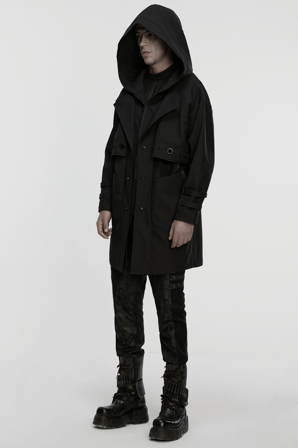 Male Black Hooded Techwear Jacket with Metal Accents, modern style and urban appeal.