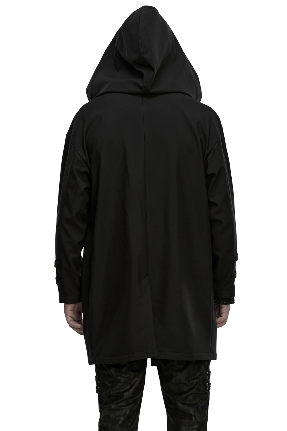 Male Black Hooded Techwear Jacket with Metal Accents seen from the back, showcasing its sleek design.
