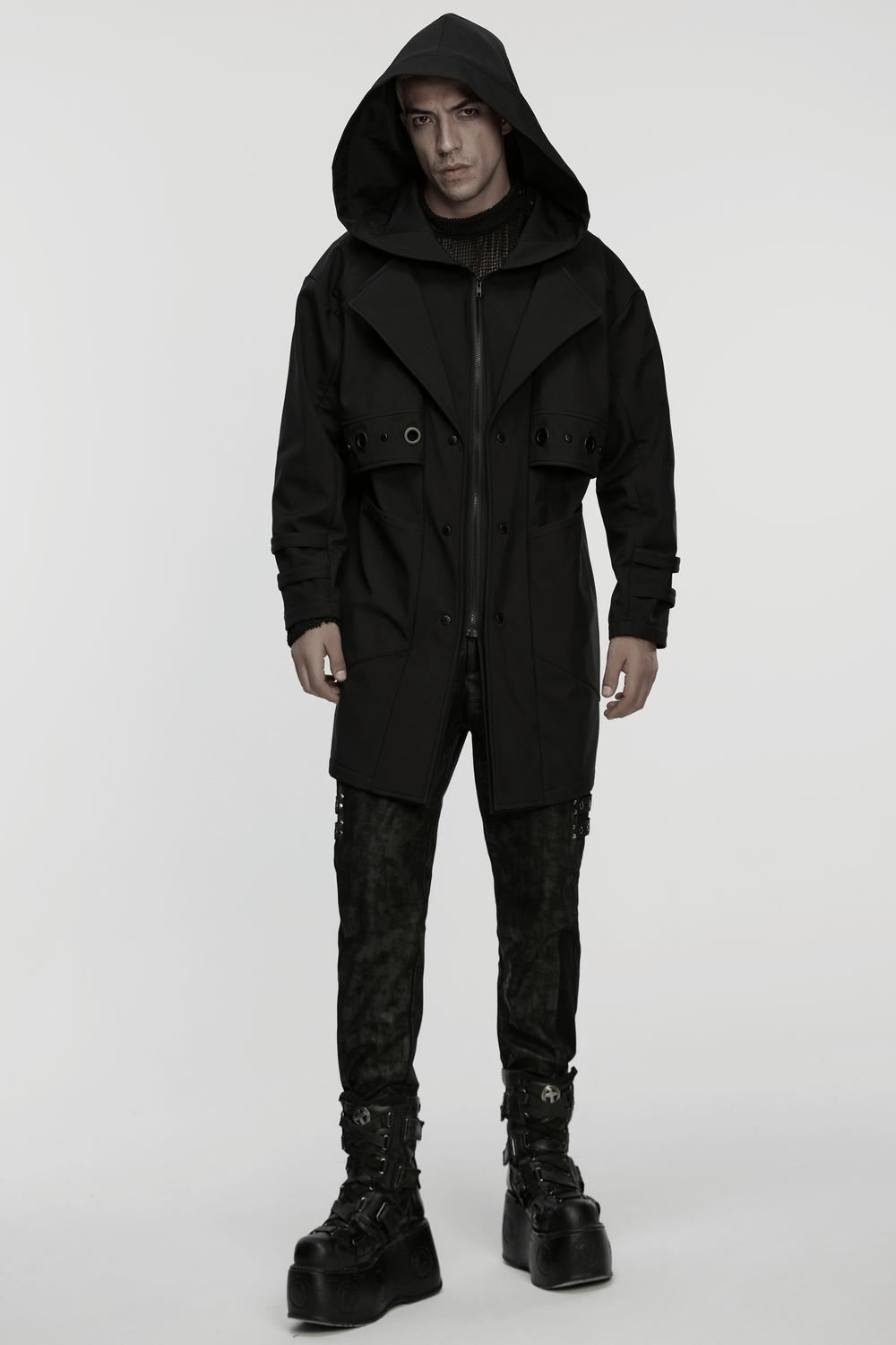 Male Black Hooded Techwear Jacket with Metal Accents worn by a model, showcasing a contemporary streetwear look.