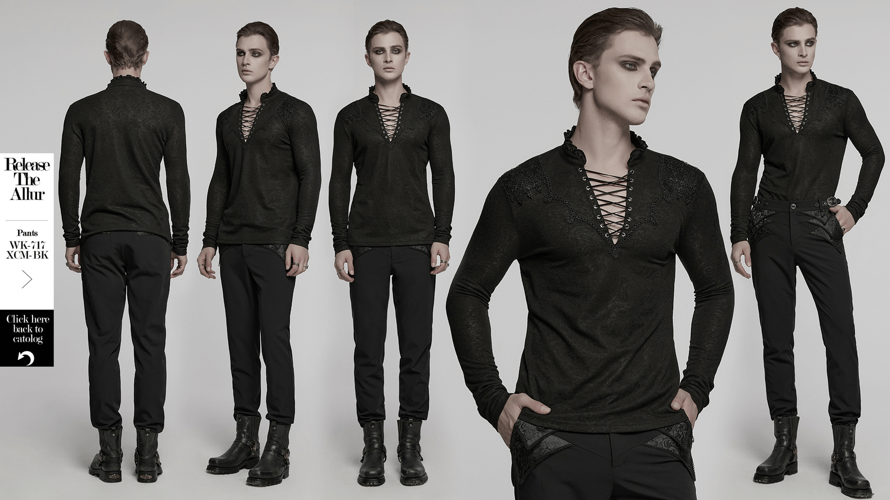 Male model wearing black lace-up gothic top with ruffled collar, showcasing dark jacquard fabric and stylish edgy design.