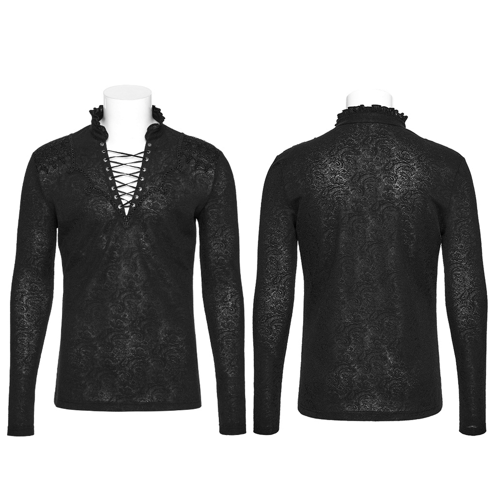 Male black lace-up gothic top with ruffled collar, showcasing a dark jacquard pattern and long sleeves.