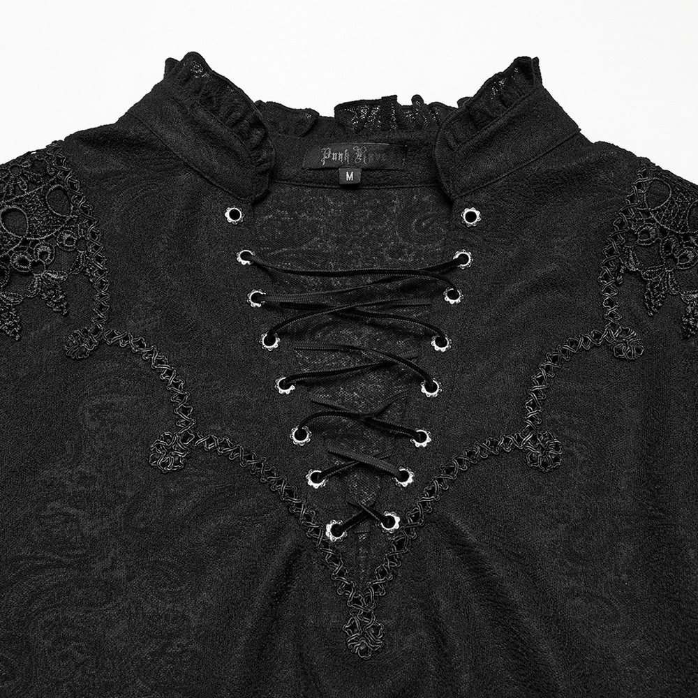 Black lace-up gothic top with ruffled collar and intricate detailing for a dark romantic aesthetic.