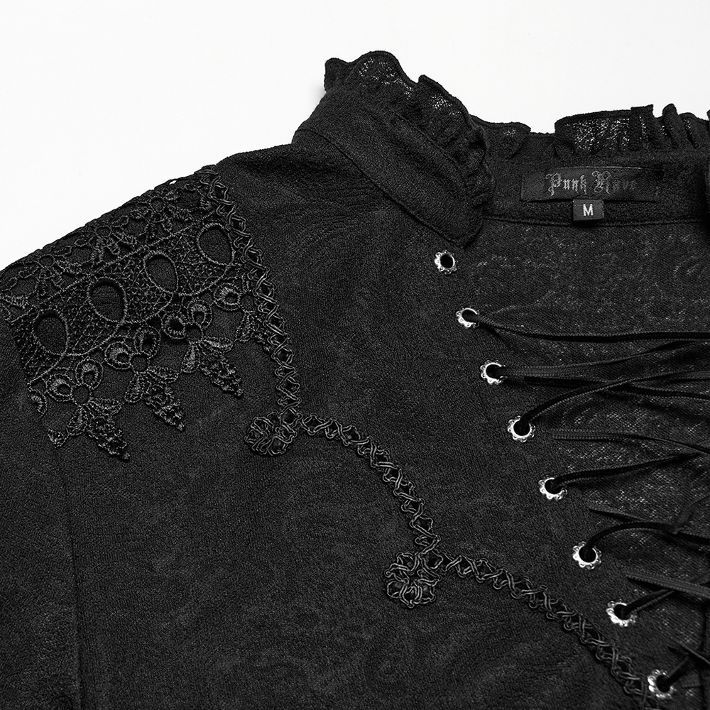 Close-up of a male black lace-up gothic top with ruffled collar and intricate jacquard fabric details.