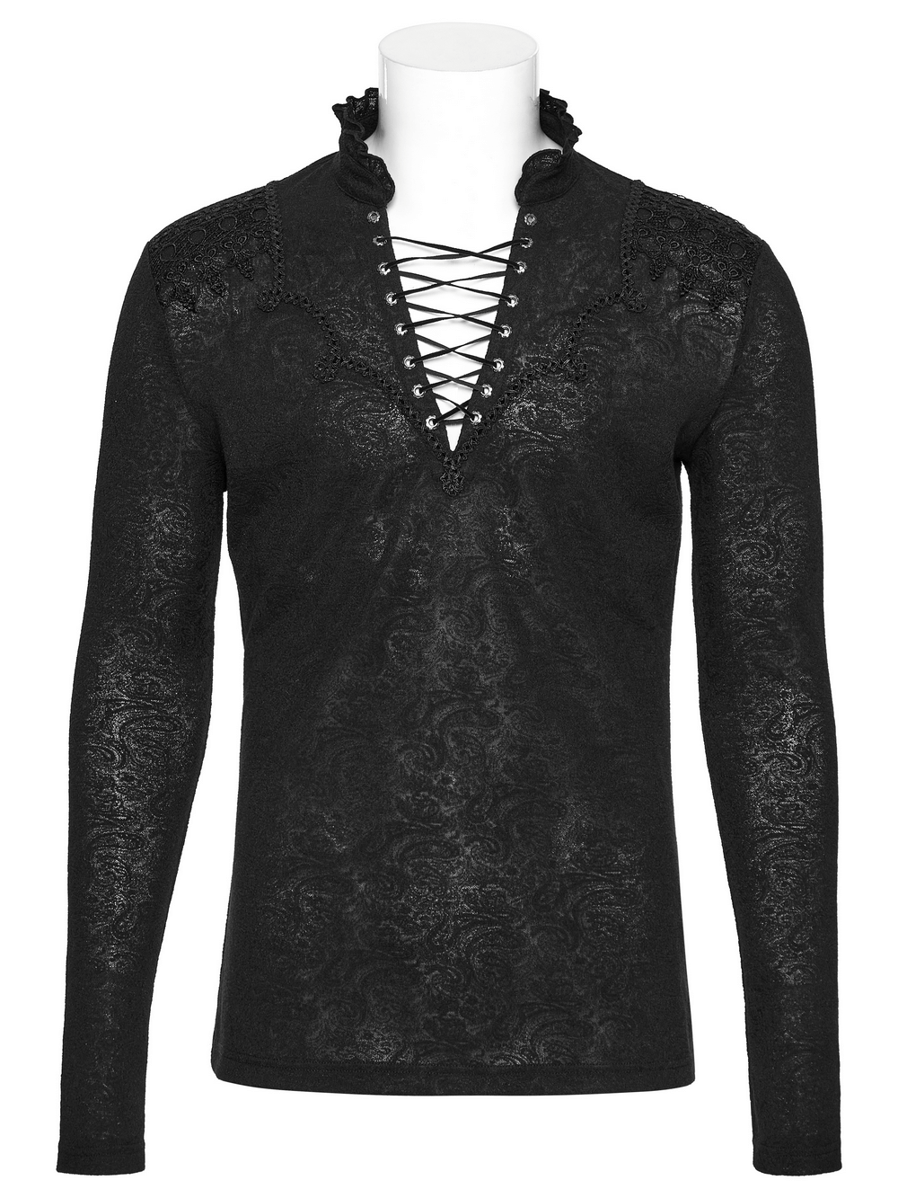 Male black lace-up gothic top with ruffled collar, textured jacquard fabric for dramatic dark style.