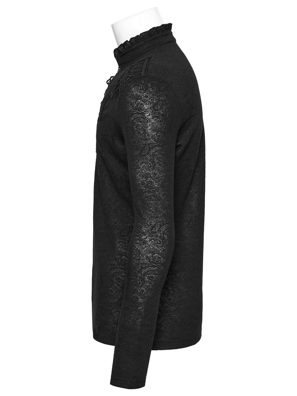 Male black gothic lace-up top with ruffled collar, side view showcasing jacquard texture and long sleeves.