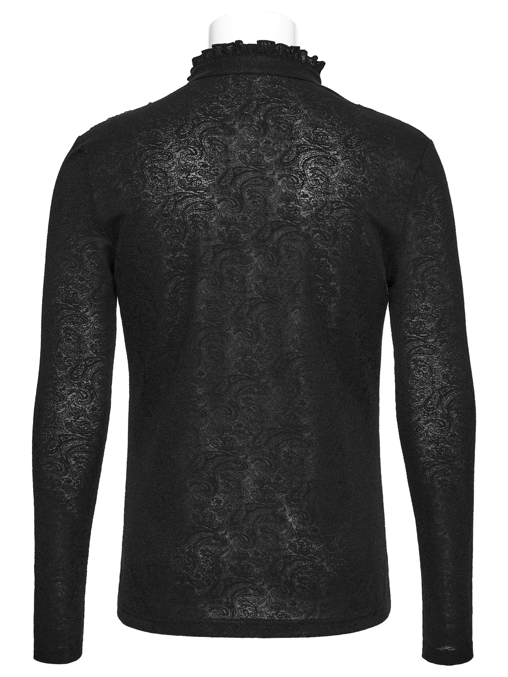 Back view of a black long-sleeved gothic top with ruffled collar and jacquard texture, perfect for dark romantic fashion.