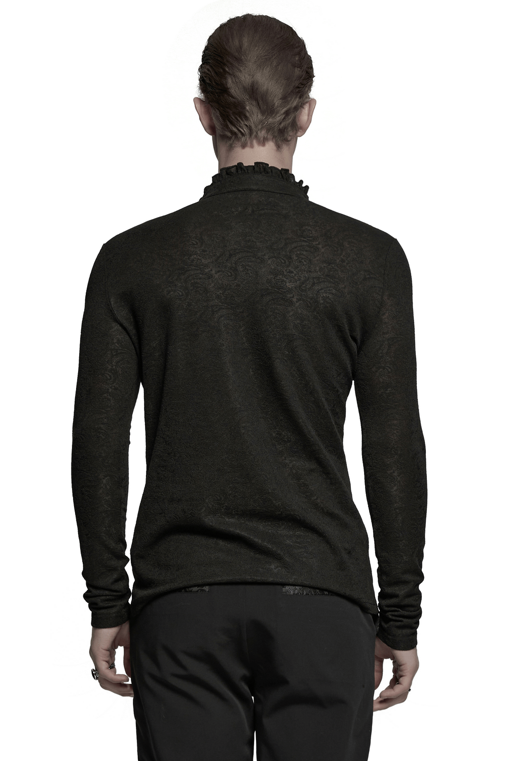 Back view of a male in a long-sleeved black lace-up gothic top with ruffled collar, showcasing textured jacquard fabric.