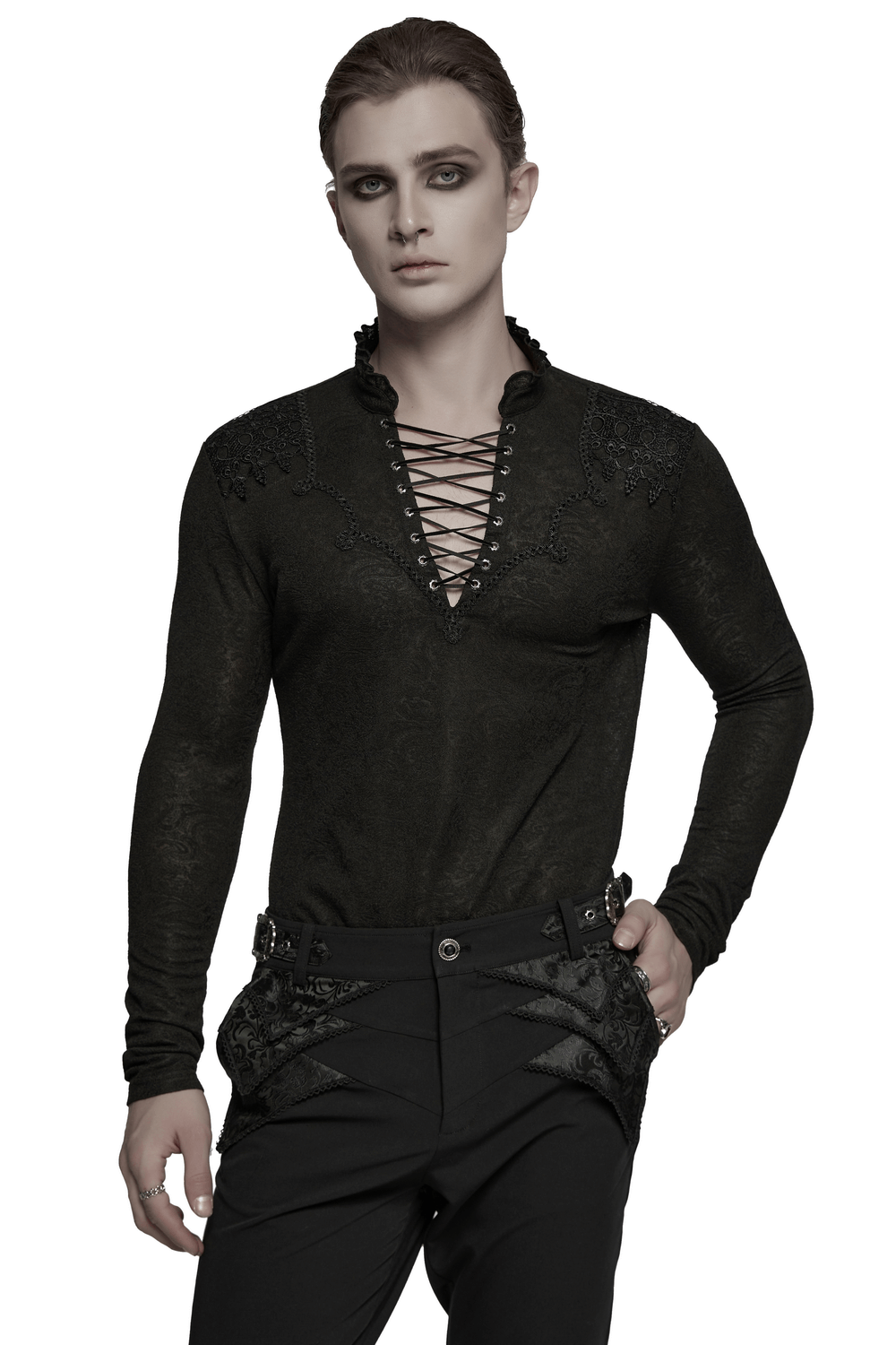 Male black goth lace-up top with ruffled collar, featuring long sleeves and dark jacquard design, perfect for alternative fashion.