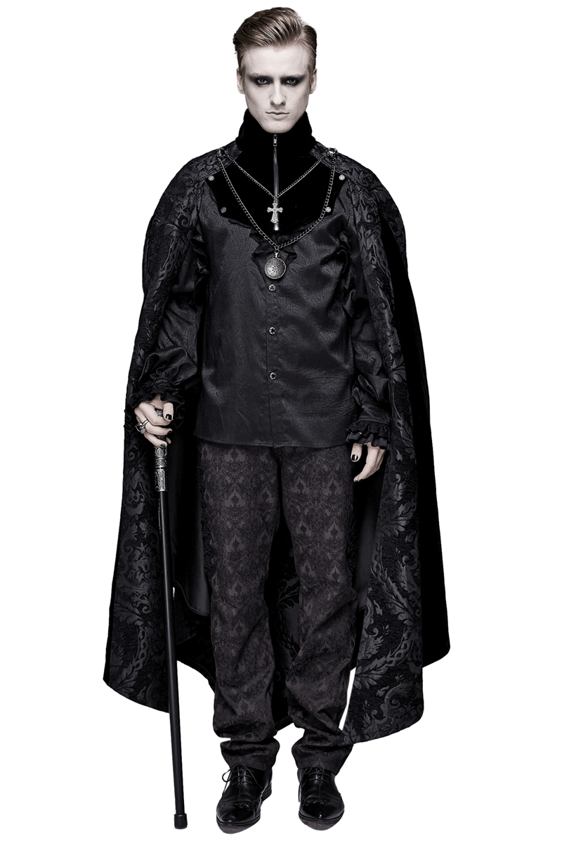 Male Black Long Cloak with Stand-Up Collar / Men's Cloak With Removable Cross & Medallion Necklace - HARD'N'HEAVY