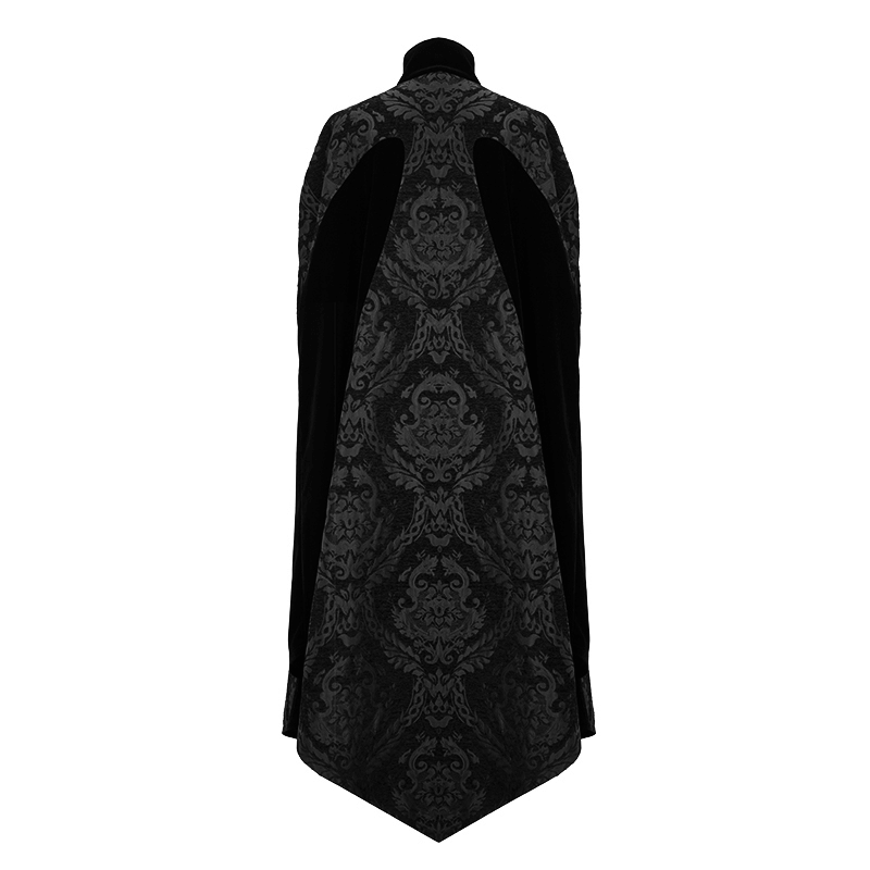 Elegant men's black long cloak with stand-up collar and intricate gothic patterns, perfect for a gothic wardrobe.
