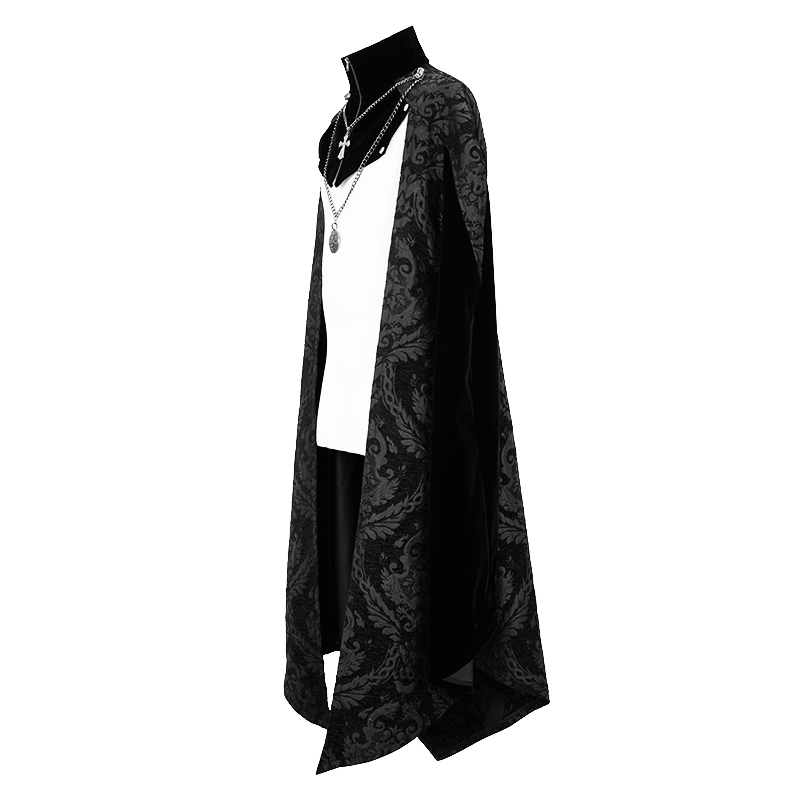 Elegant black long cloak with stand-up collar and removable cross necklace, perfect for gothic fashion.