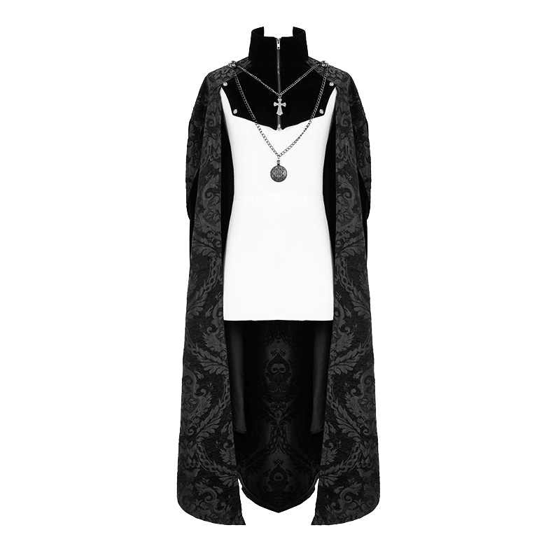 Elegant men's black long cloak with stand-up collar and removable necklace, perfect for gothic fashion enthusiasts.