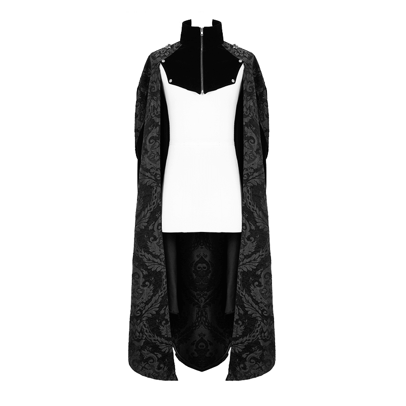 Men's gothic black long cloak with stand-up collar and intricate design, perfect for stylish outfits.