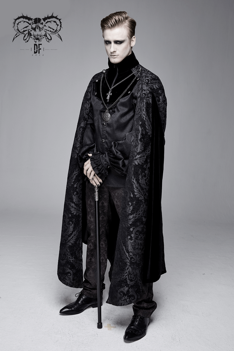 Gothic men's black long cloak with stand-up collar, featuring removable cross and medallion necklace, perfect for elegant style.