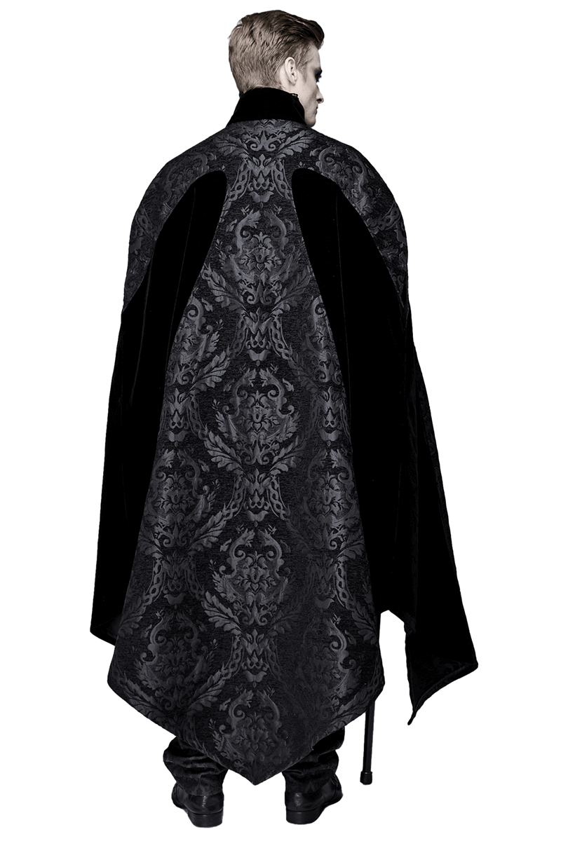 Elegant black long cloak with gothic design, showcasing stunning details from the back view.