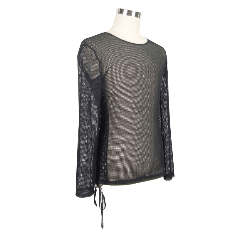 Male Black Mesh Long Sleeves top / Gothic Men's Transparent Tops With Lace-up On The Sides - HARD'N'HEAVY