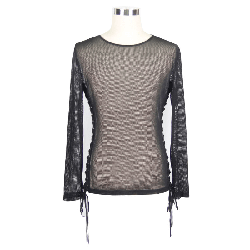 Gothic men's black mesh long sleeve top with lace-up sides, perfect for trendy and edgy wardrobes.