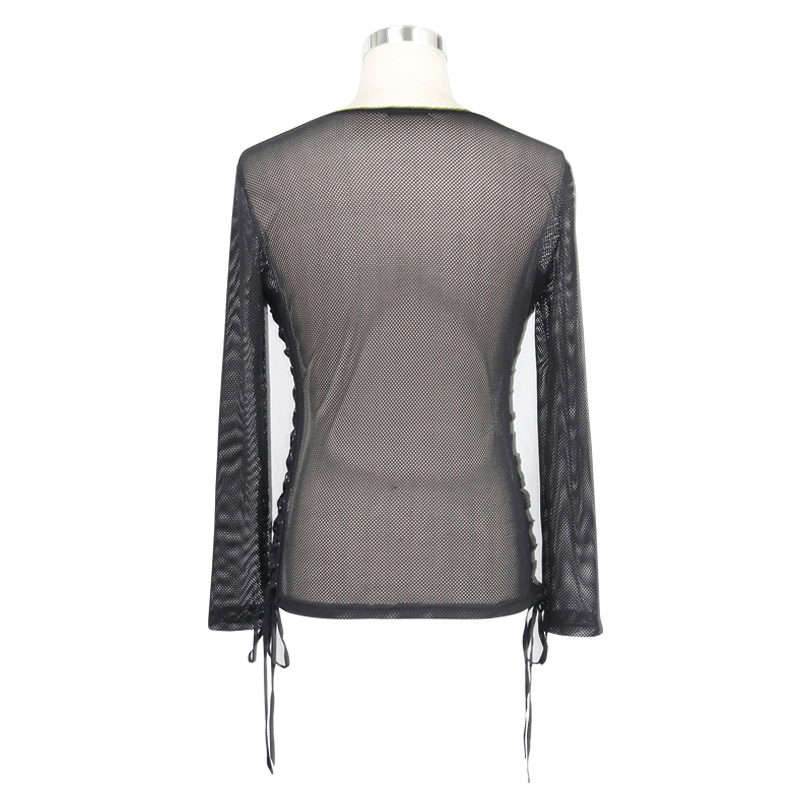 Back view of men's black mesh long sleeves top with lace-up sides, perfect for gothic fashion enthusiasts.