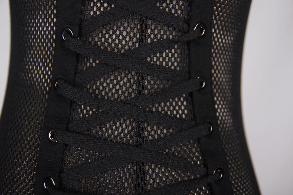 Close-up of lace-up detail on men's black mesh long sleeves top, showcasing gothic style and trendy design.