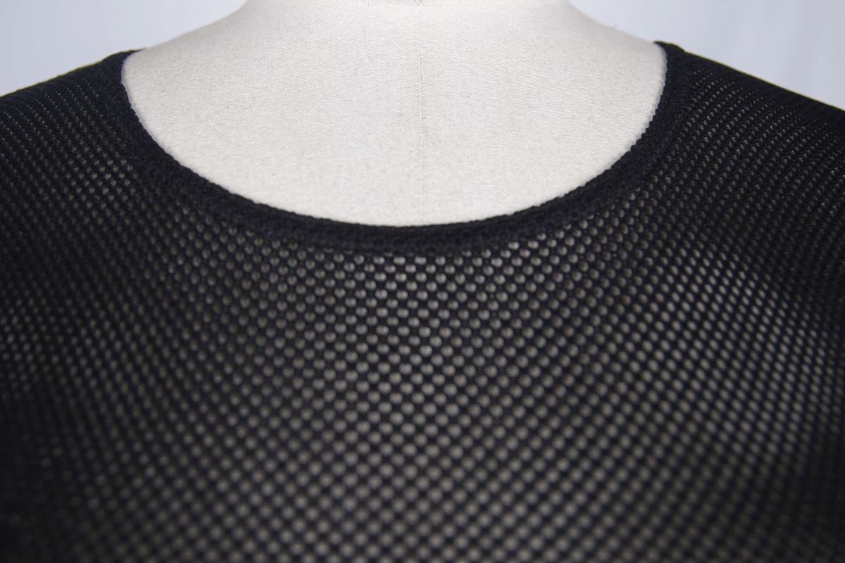 Close-up of a men's black mesh long sleeves top featuring a round neckline and stylish perforated design.
