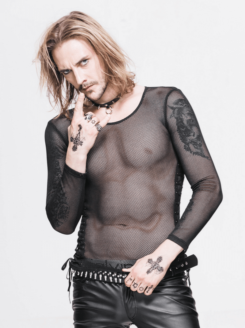 Gothic men's black mesh long sleeve top with lace-up sides, showcasing edgy style and trendy tattooed look.