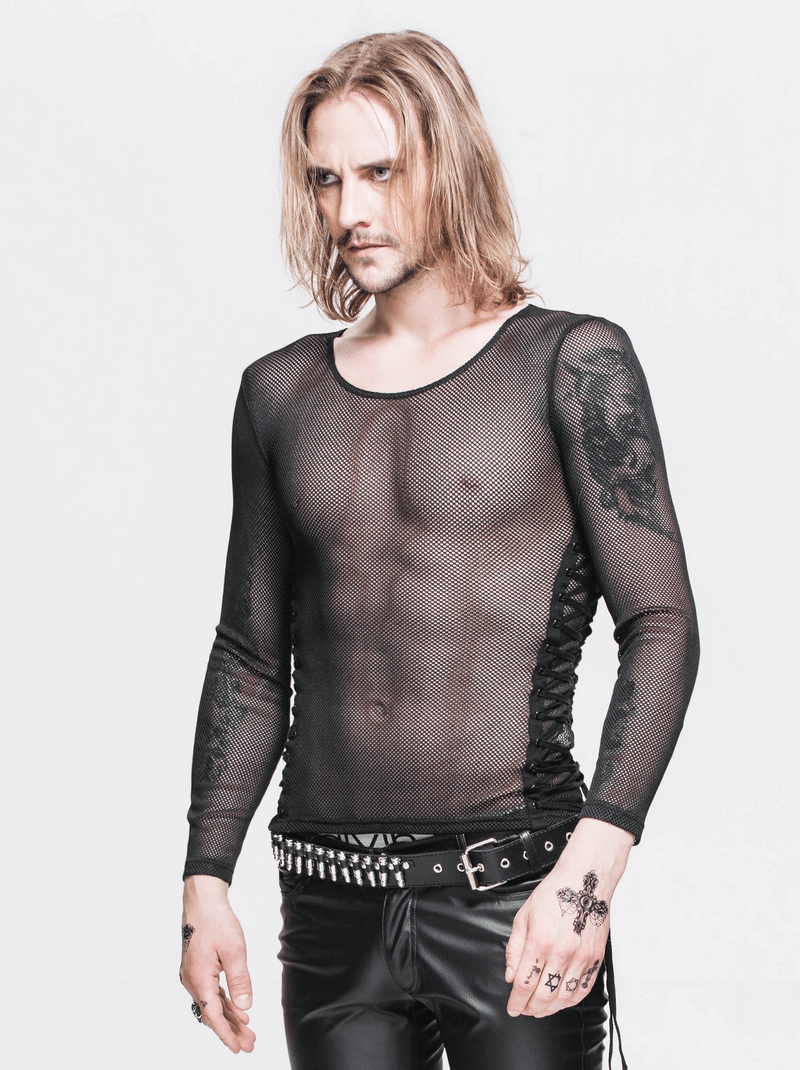 Stylish male model in a black mesh long sleeves top, showcasing gothic fashion with lace-up sides.