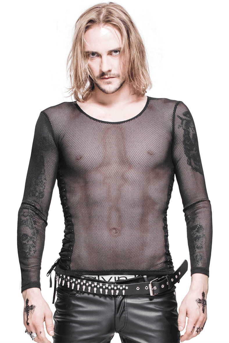 Male Black Mesh Long Sleeves top / Gothic Men's Transparent Tops With Lace-up On The Sides - HARD'N'HEAVY