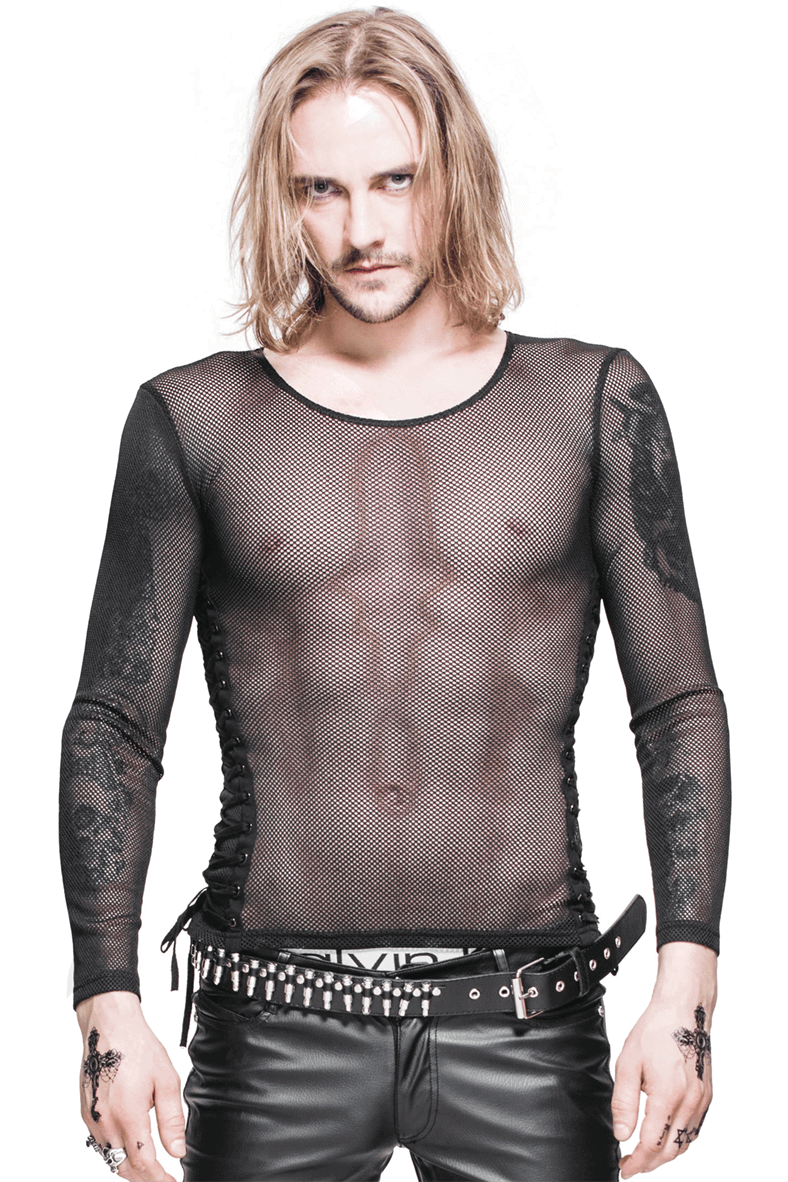 Gothic black mesh long sleeves top for men with lace-up sides, perfect for a trendy, edgy look.
