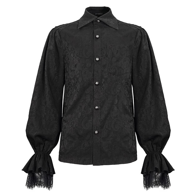 Male Black Puff Sleeved Lace Hem Shirt in Gothic Style / Alternative Fashion for Men - HARD'N'HEAVY