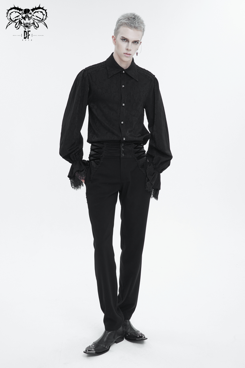 Male Black Puff Sleeved Lace Hem Shirt in Gothic Style / Alternative Fashion for Men - HARD'N'HEAVY