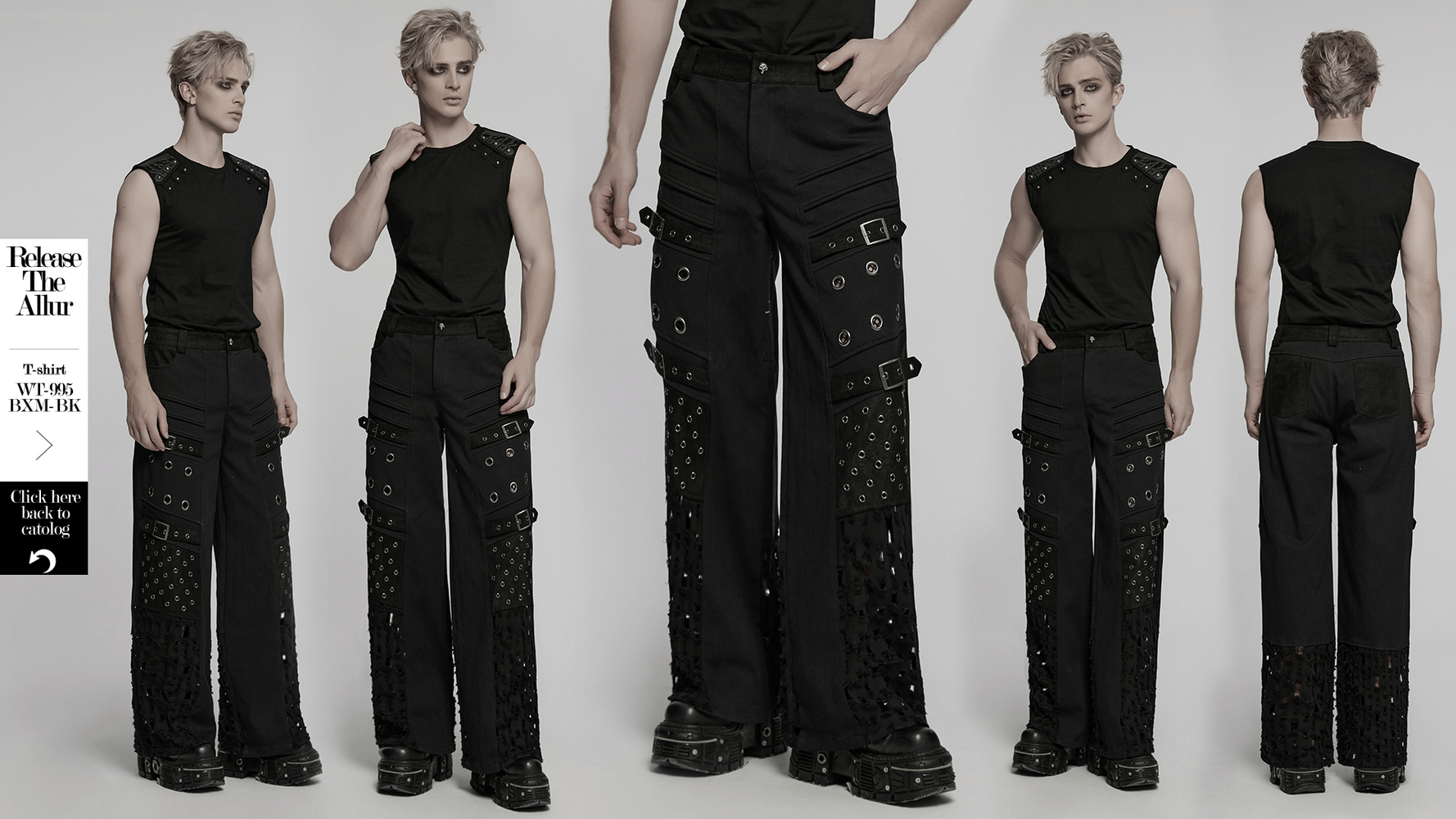 Male black punk pants with eyelets and mesh panels for a bold gothic cyber look.
