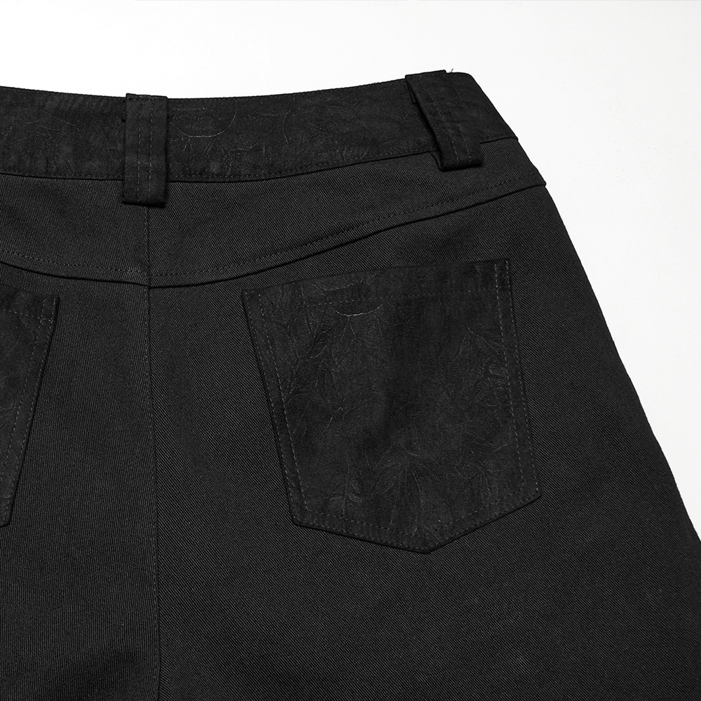 Back view of male black punk pants showcasing textured faux leather pockets and waistband for an edgy look.